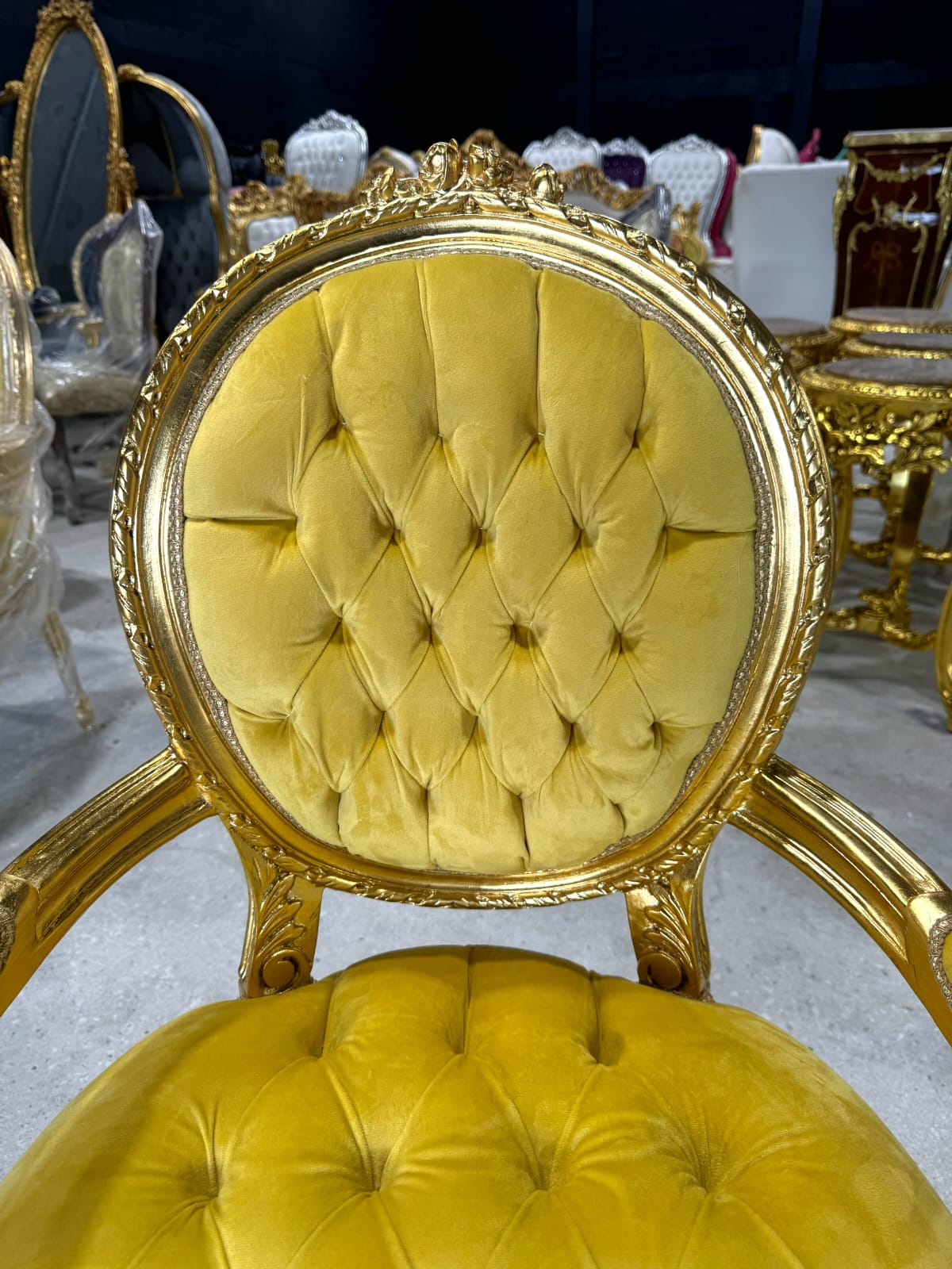 French Rococo Baroque Golden Yellow Velvet Chair with Exquisite Gold Leaf Details