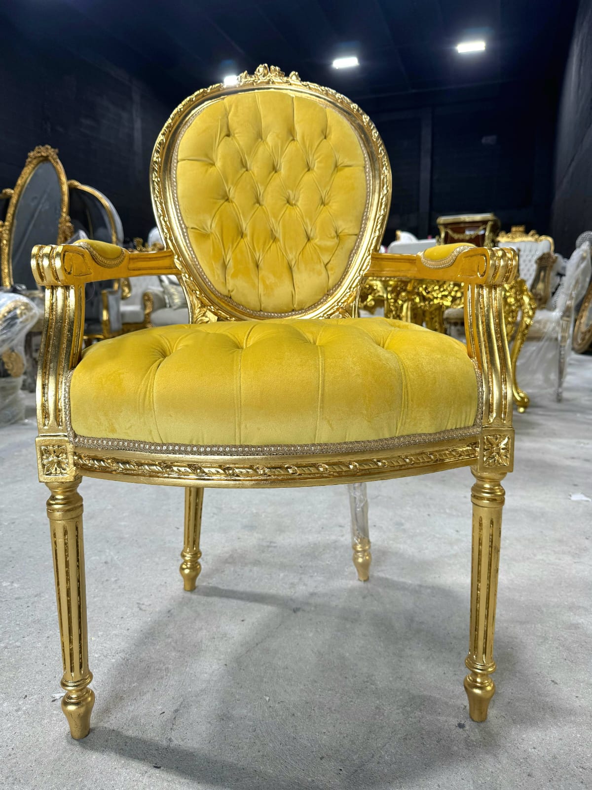 French Rococo Baroque Golden Yellow Velvet Chair with Exquisite Gold Leaf Details