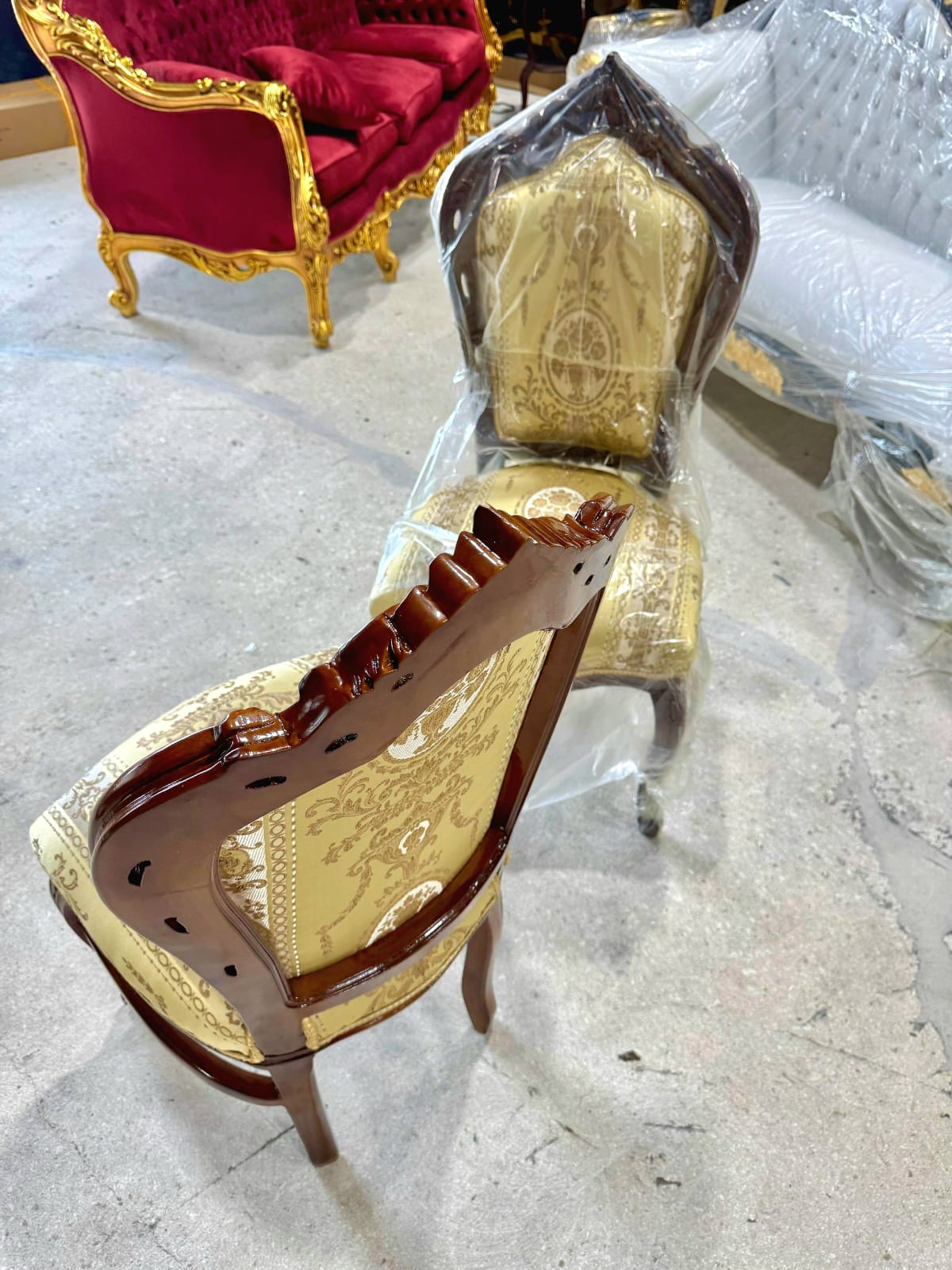 French Rococo Copper Accent Chair with Gold Leaf Details – Elegant Baroque Vintage Statement Piece