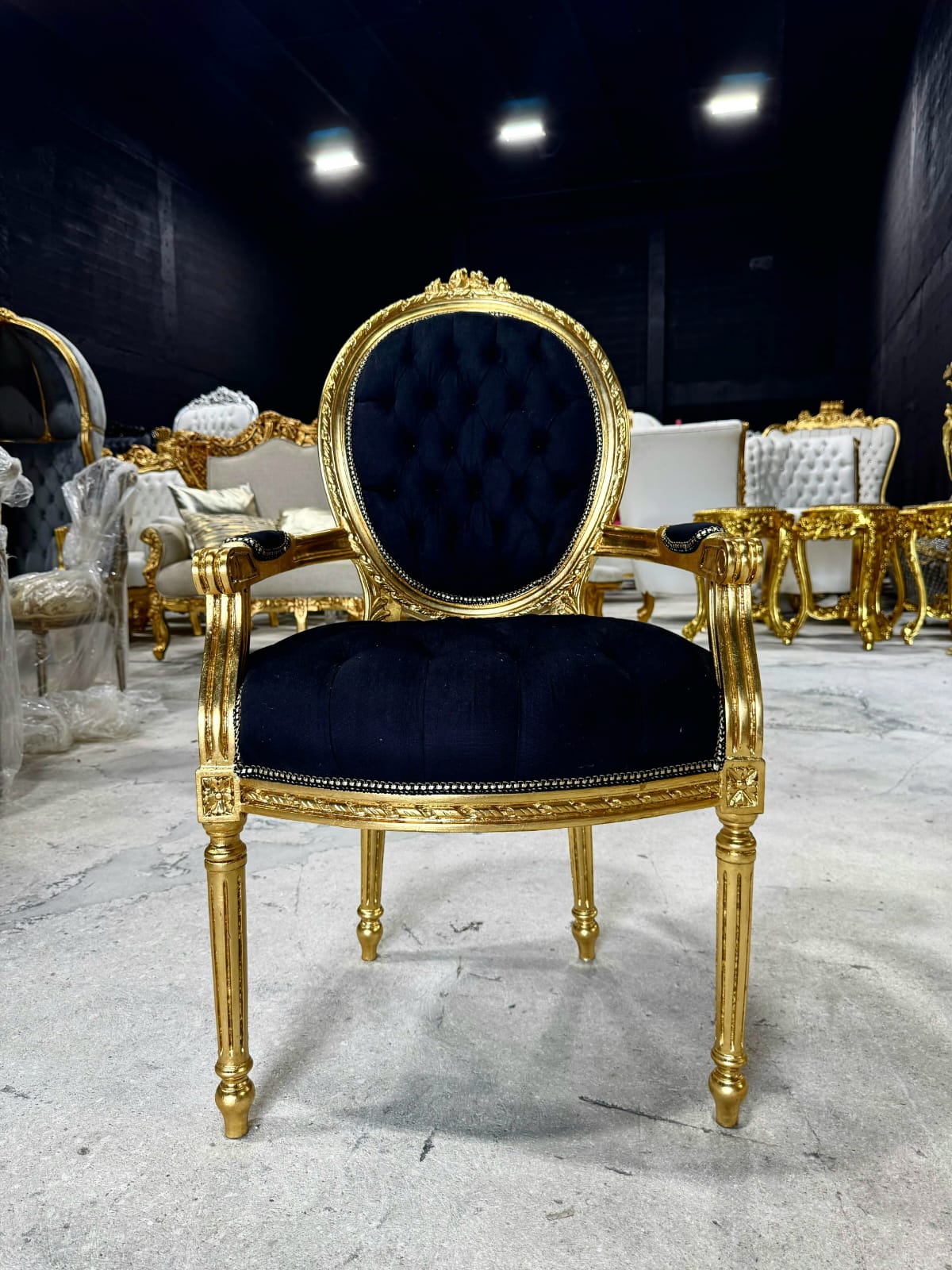 French Rococo Baroque Black Velvet Accent Chair with Luxurious Gold Leaf Details