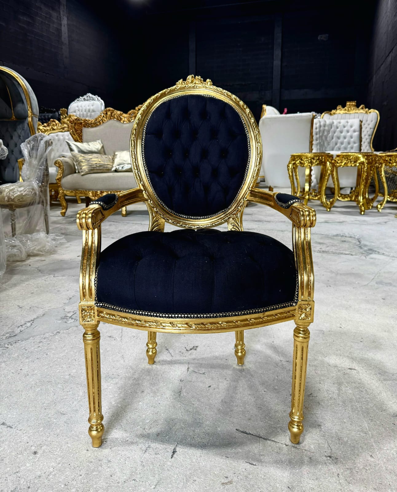 French Rococo Baroque Black Velvet Accent Chair with Luxurious Gold Leaf Details
