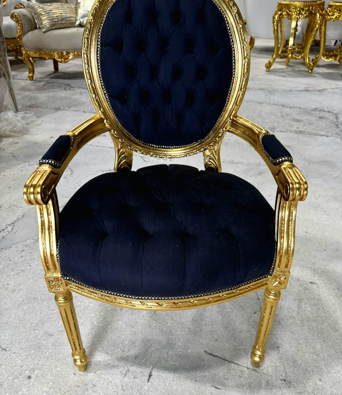French Rococo Baroque Black Velvet Accent Chair with Luxurious Gold Leaf Details