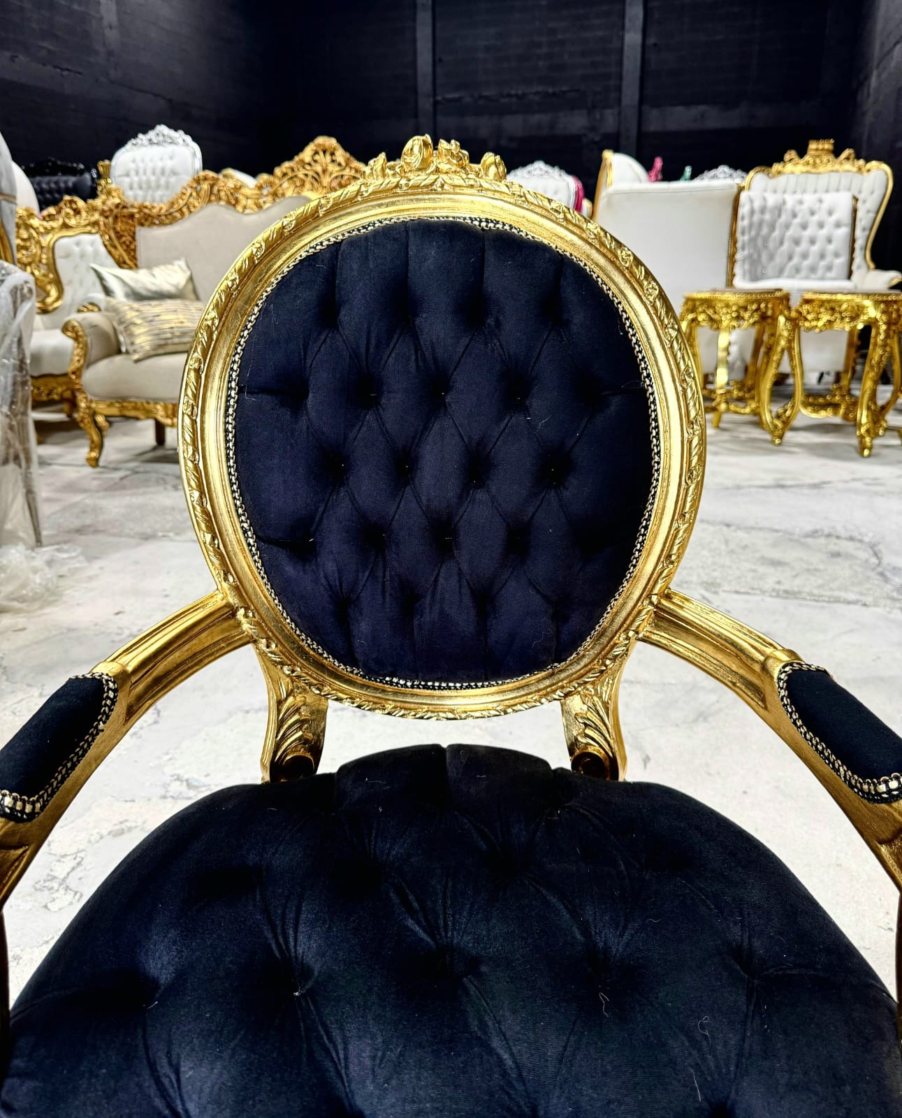 French Rococo Baroque Black Velvet Accent Chair with Luxurious Gold Leaf Details