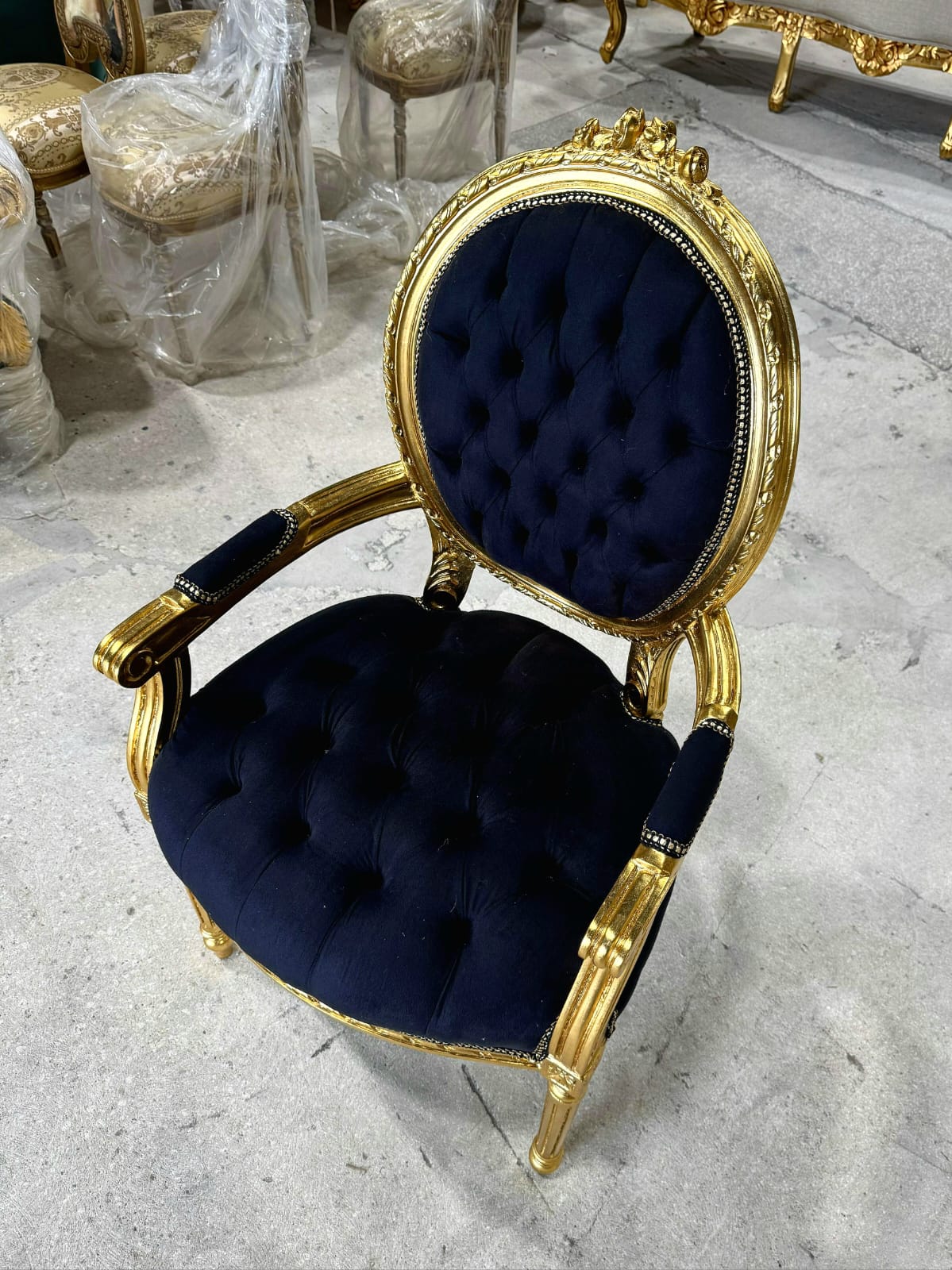 French Rococo Baroque Black Velvet Accent Chair with Luxurious Gold Leaf Details