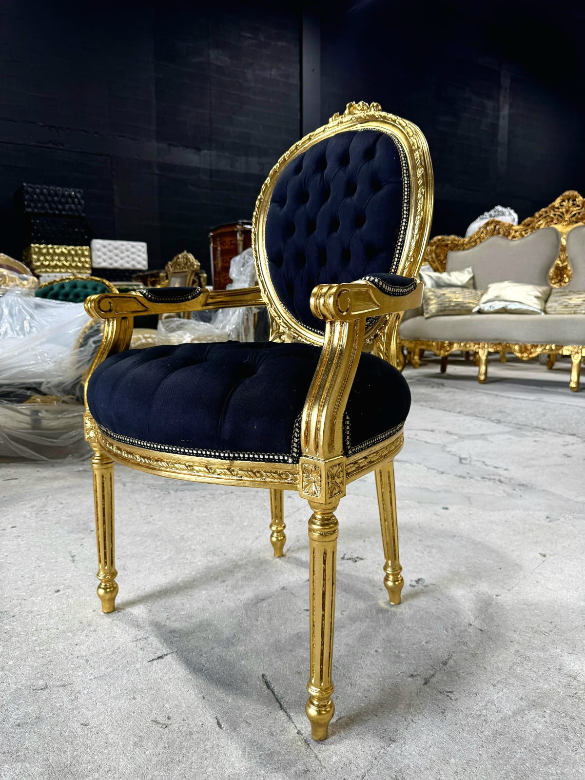 French Rococo Baroque Black Velvet Accent Chair with Luxurious Gold Leaf Details