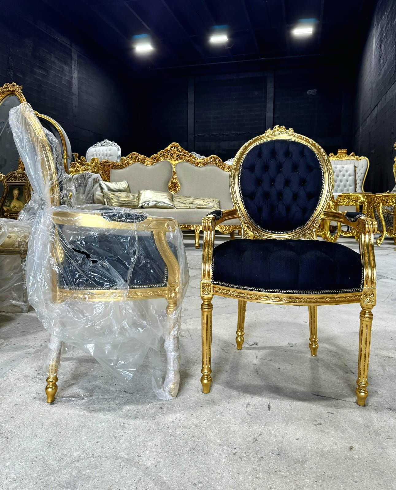 French Rococo Baroque Black Velvet Accent Chair with Luxurious Gold Leaf Details