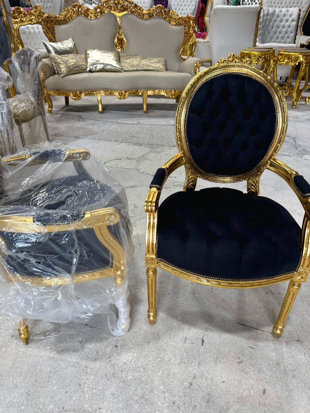 French Rococo Baroque Black Velvet Accent Chair with Luxurious Gold Leaf Details