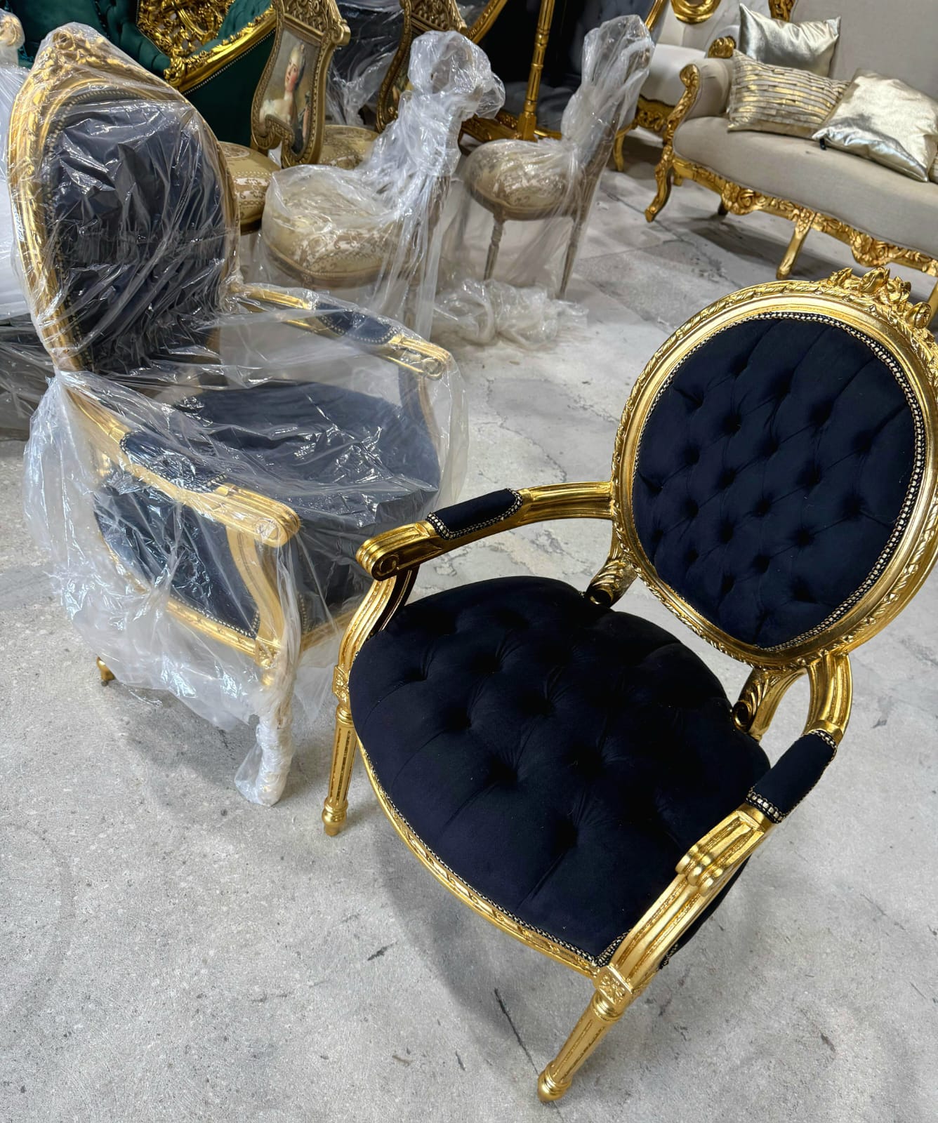 French Rococo Baroque Black Velvet Accent Chair with Luxurious Gold Leaf Details