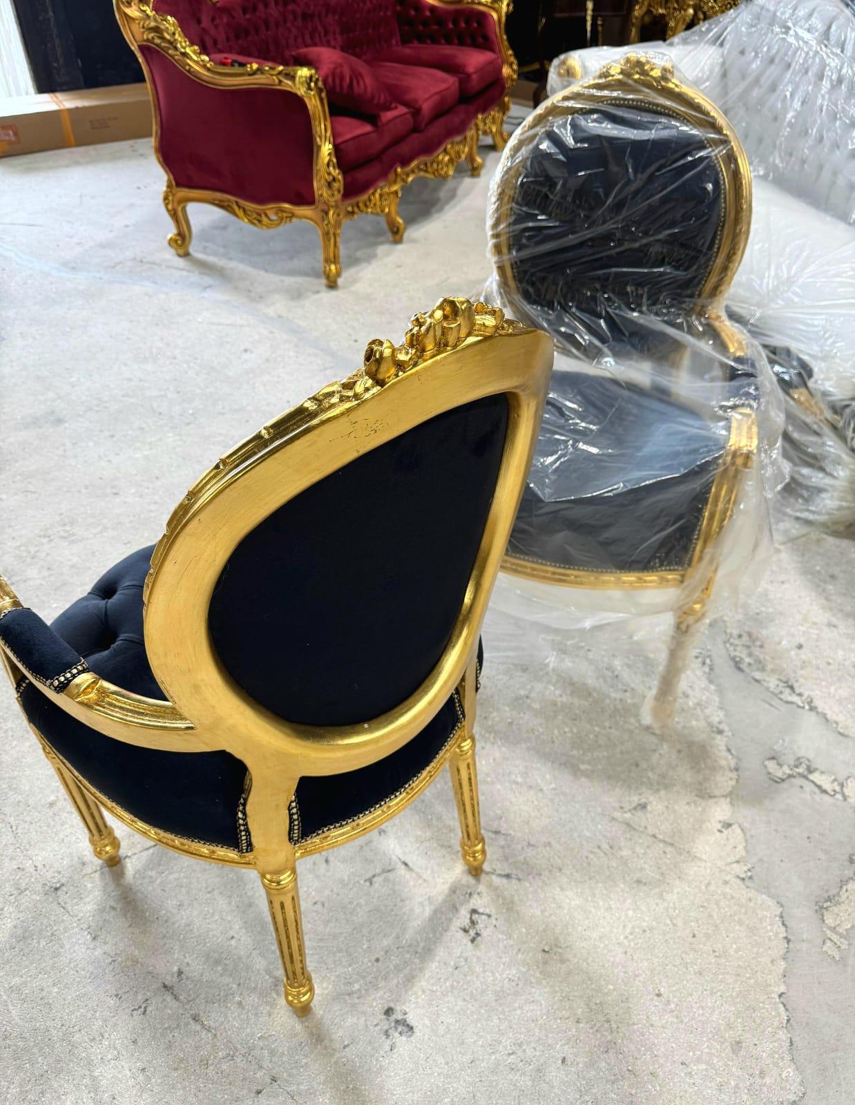 French Rococo Baroque Black Velvet Accent Chair with Luxurious Gold Leaf Details