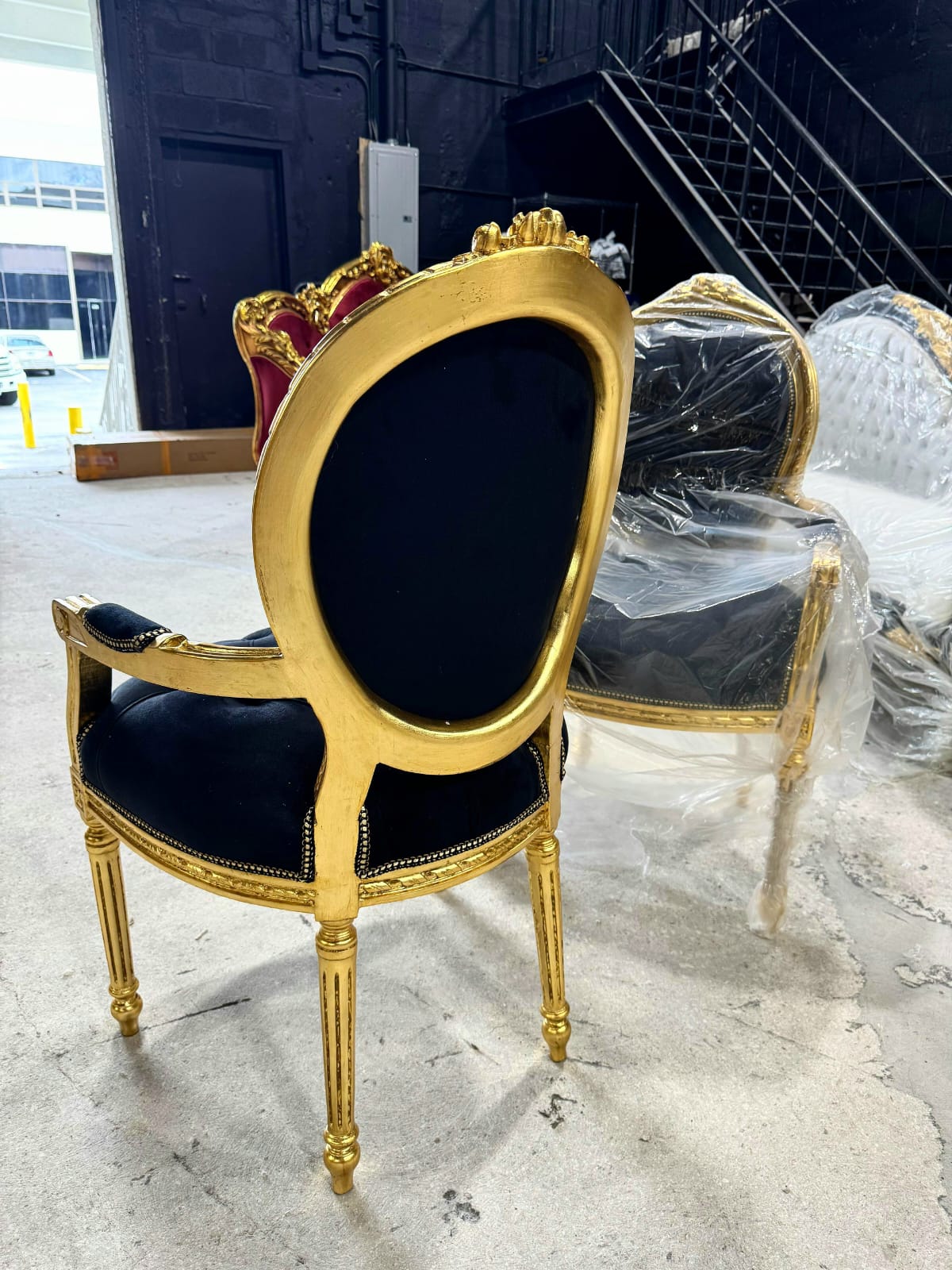 French Rococo Baroque Black Velvet Accent Chair with Luxurious Gold Leaf Details