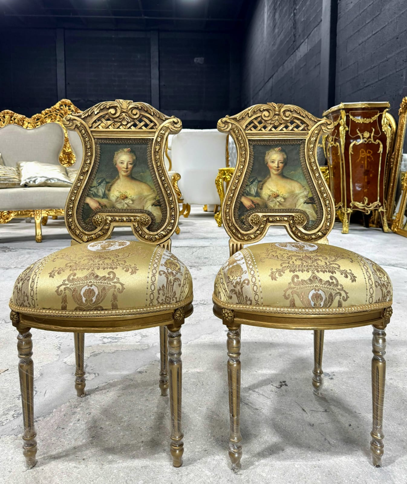 French Rococo Gold Accent Chair with Lady Portrait – Elegant Baroque Style Statement Piece