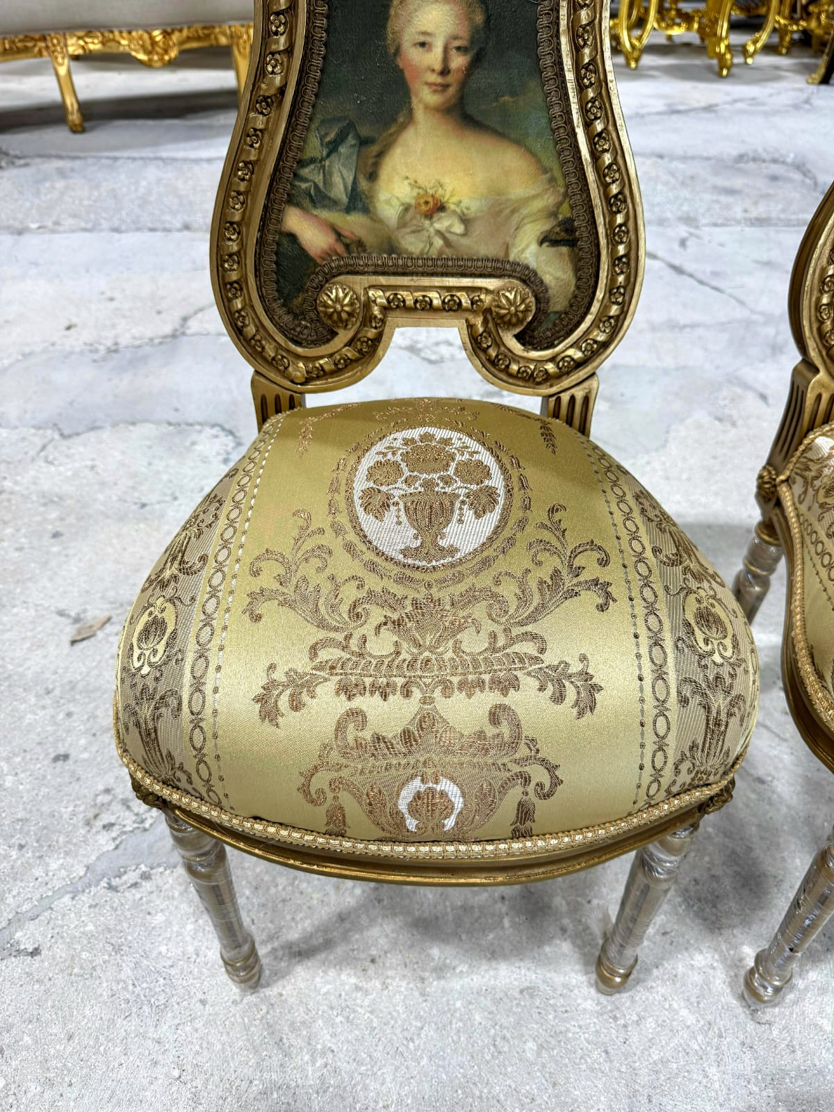 French Rococo Gold Accent Chair with Lady Portrait – Elegant Baroque Style Statement Piece
