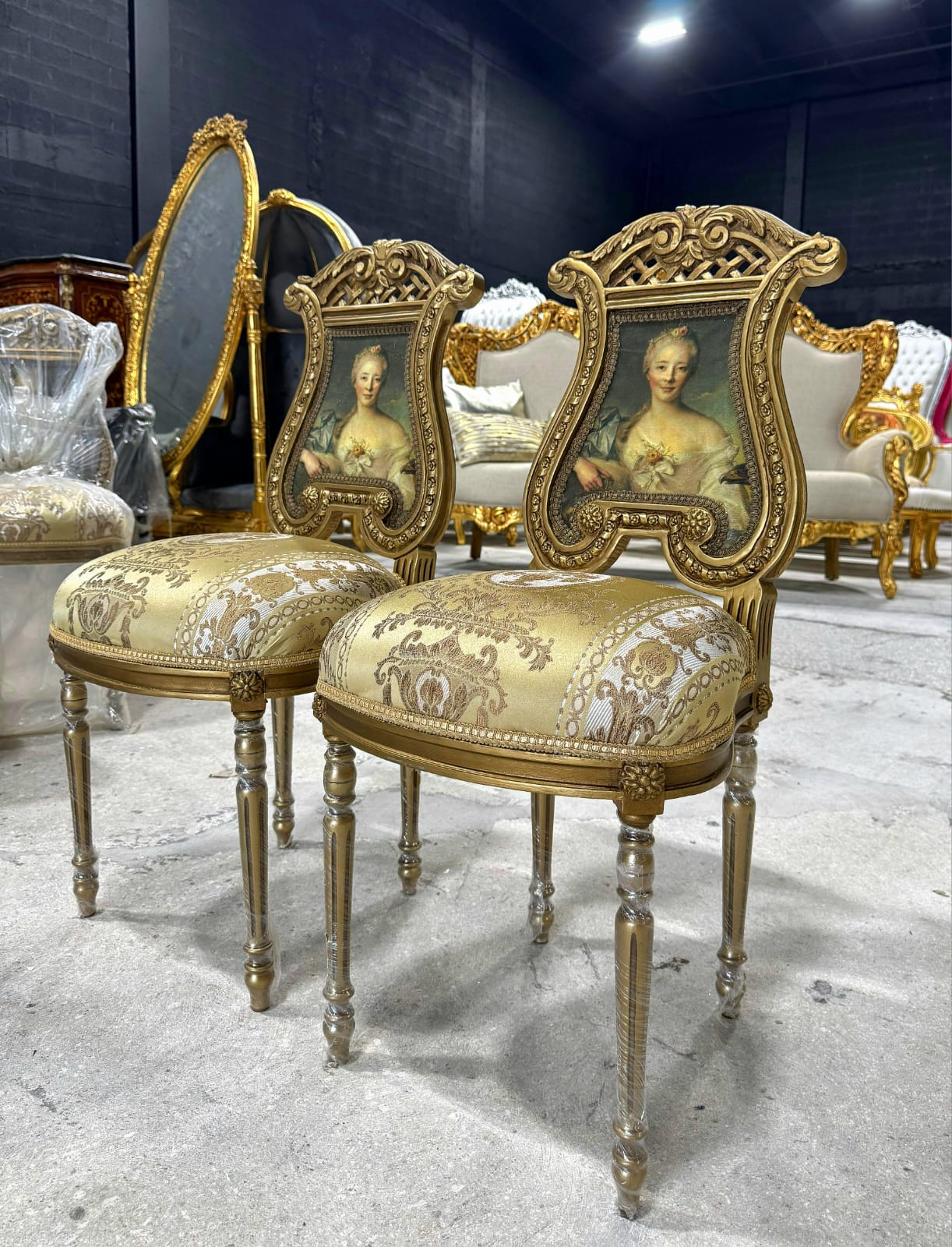 French Rococo Gold Accent Chair with Lady Portrait – Elegant Baroque Style Statement Piece
