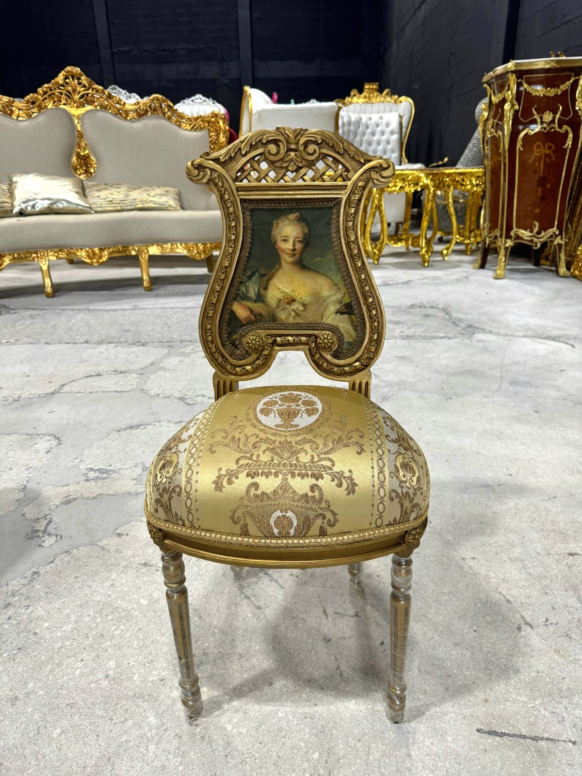 French Rococo Gold Accent Chair with Lady Portrait – Elegant Baroque Style Statement Piece