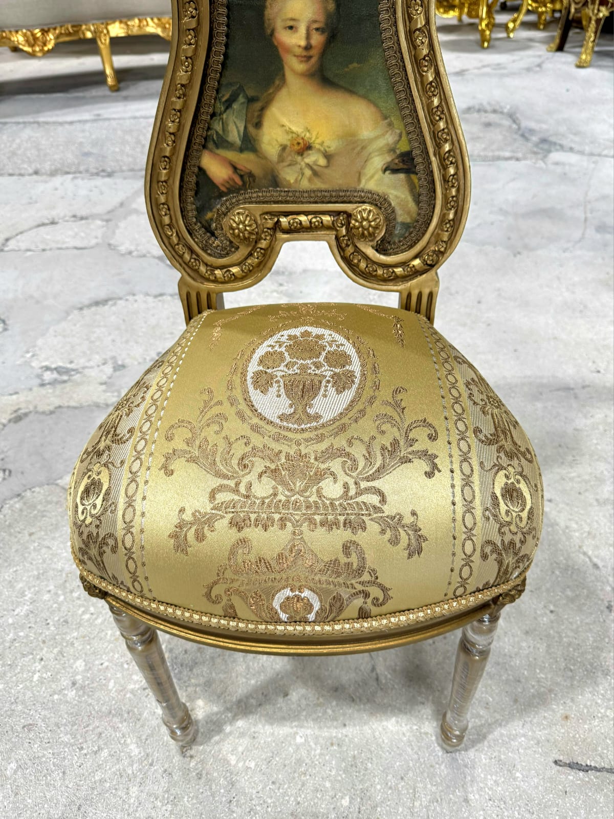 French Rococo Gold Accent Chair with Lady Portrait – Elegant Baroque Style Statement Piece