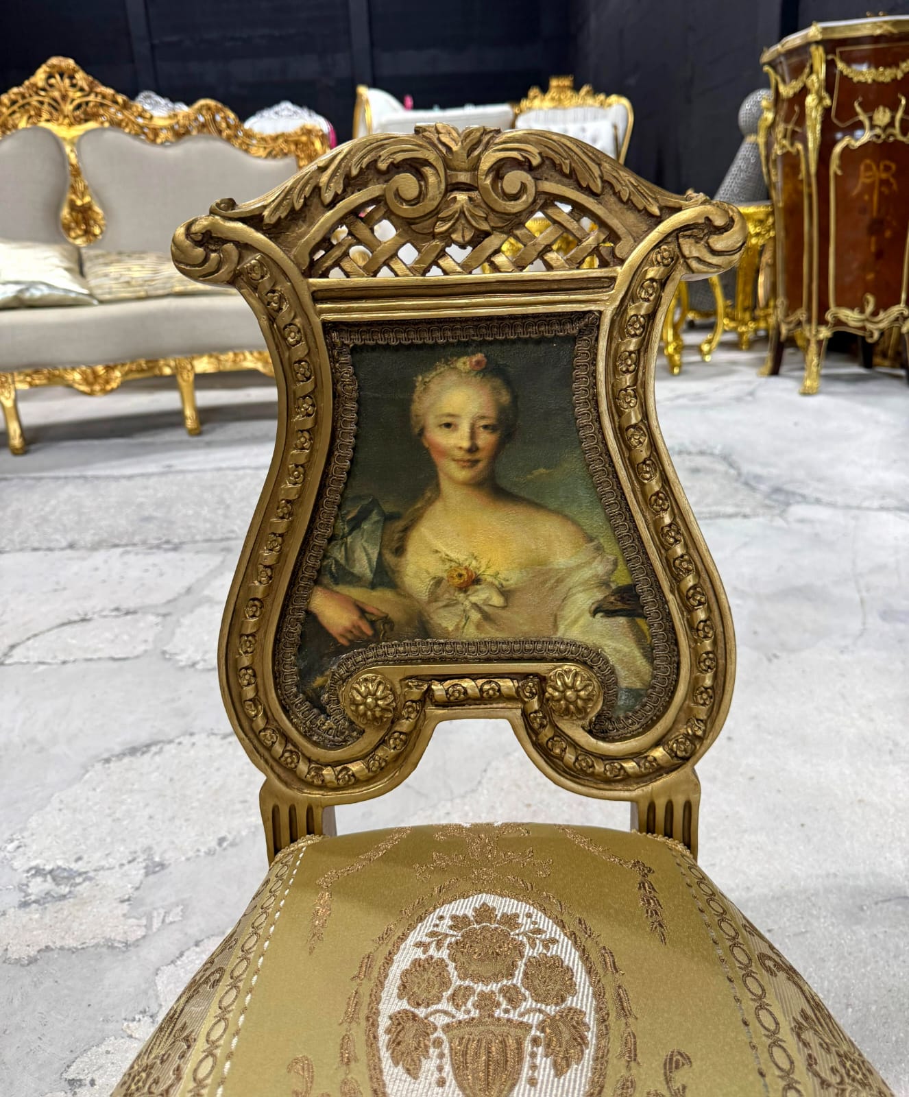 French Rococo Gold Accent Chair with Lady Portrait – Elegant Baroque Style Statement Piece