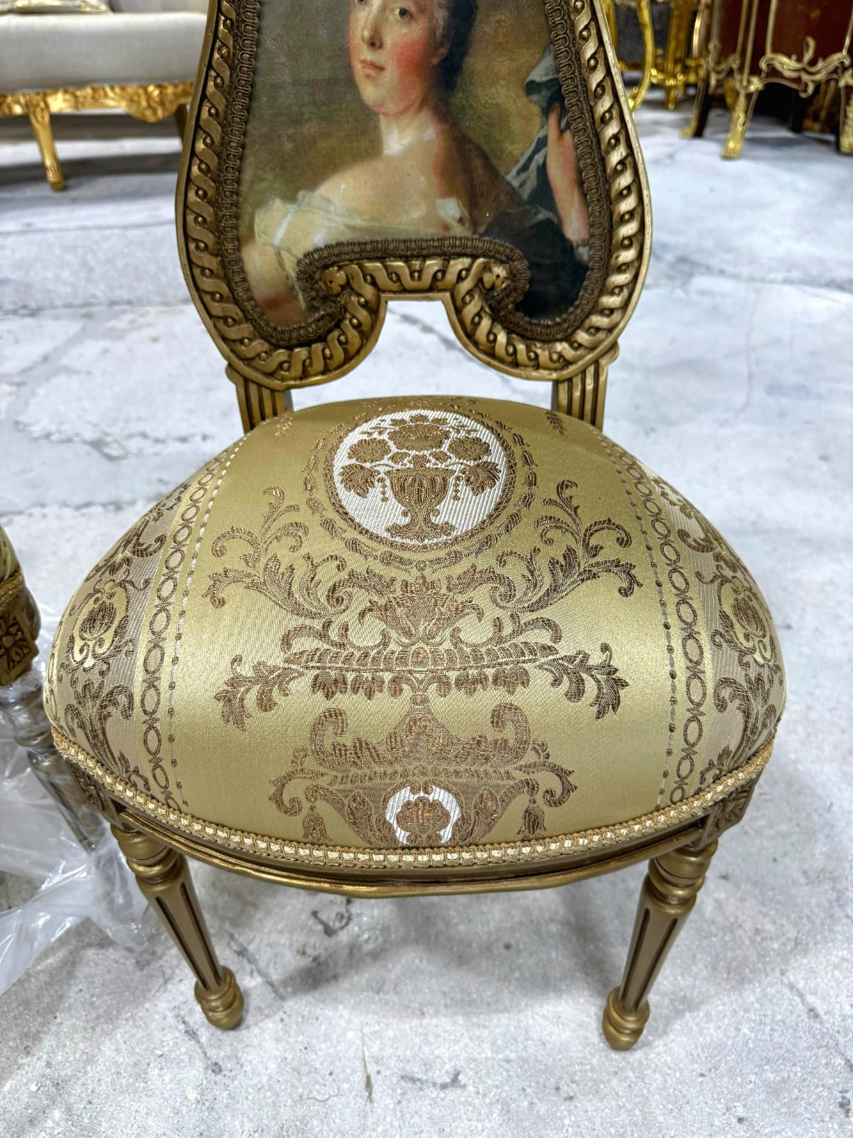 French Rococo Gold Throne Chair with Lady Portrait – Luxurious Baroque Statement Piece