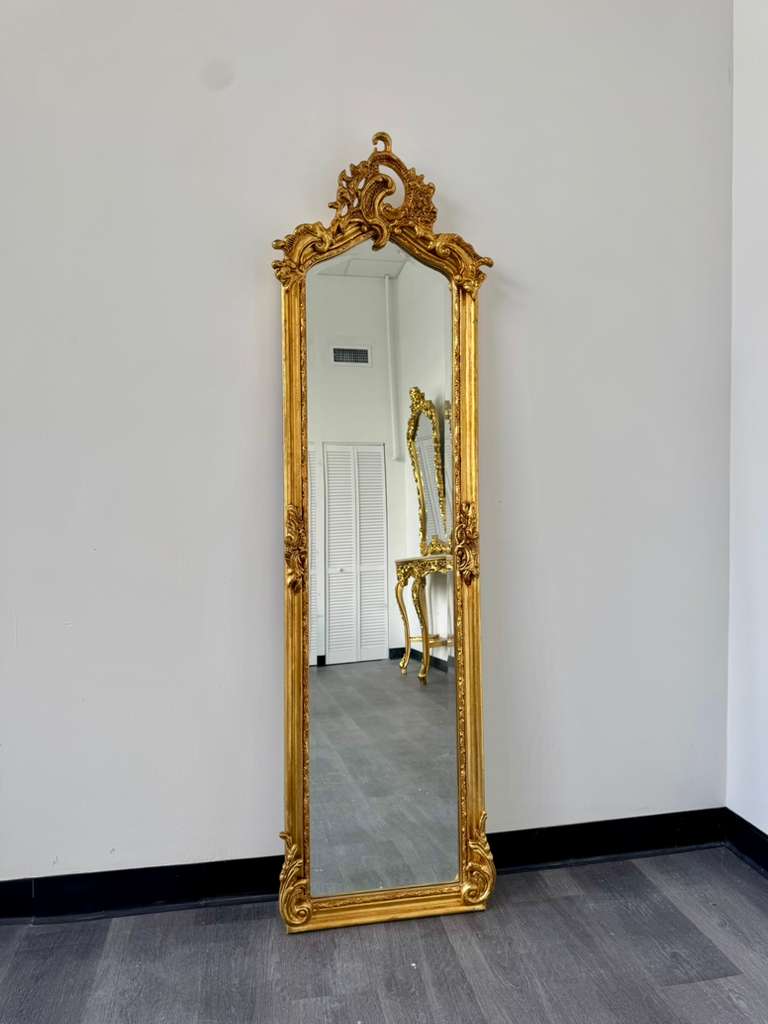 French Rococo Gold Floor Mirror – Romantic Ornate Statement Piece with Luxurious Gold Leaf Finish