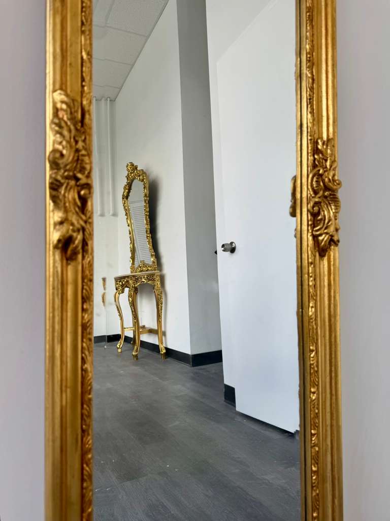 French Rococo Gold Floor Mirror – Romantic Ornate Statement Piece with Luxurious Gold Leaf Finish