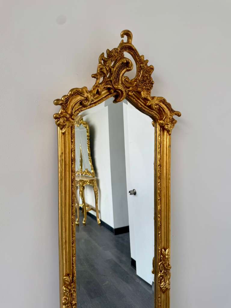 French Rococo Gold Floor Mirror – Romantic Ornate Statement Piece with Luxurious Gold Leaf Finish