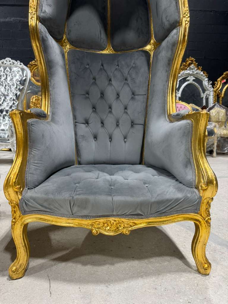 French Balloon Chair – Gray Velvet High-Back Canopy Chair with Gold Leaf Frame
