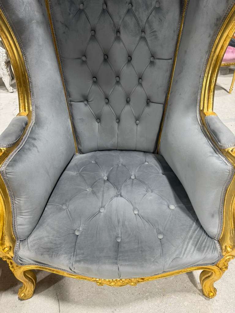 French Balloon Chair – Gray Velvet High-Back Canopy Chair with Gold Leaf Frame