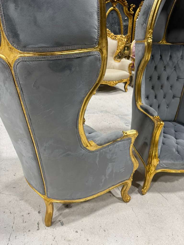 French Balloon Chair – Gray Velvet High-Back Canopy Chair with Gold Leaf Frame