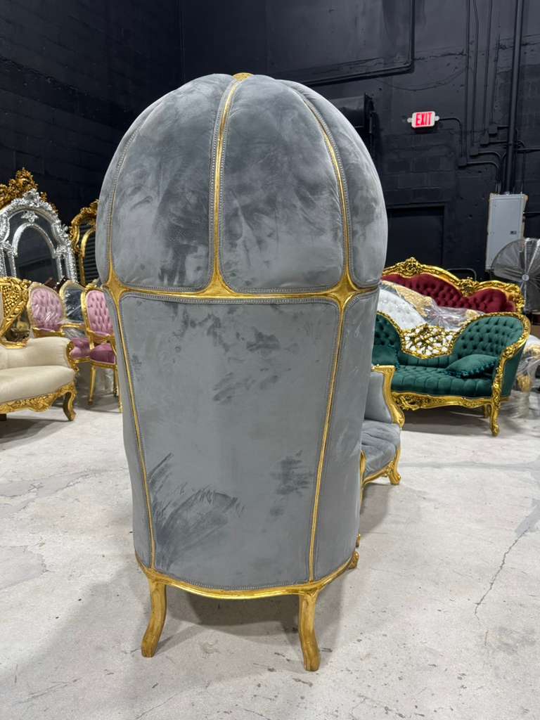 French Balloon Chair – Gray Velvet High-Back Canopy Chair with Gold Leaf Frame