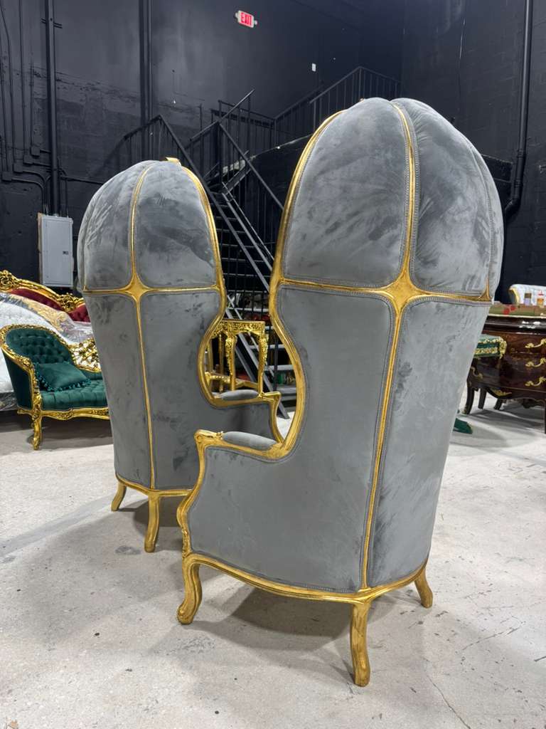 French Balloon Chair – Gray Velvet High-Back Canopy Chair with Gold Leaf Frame