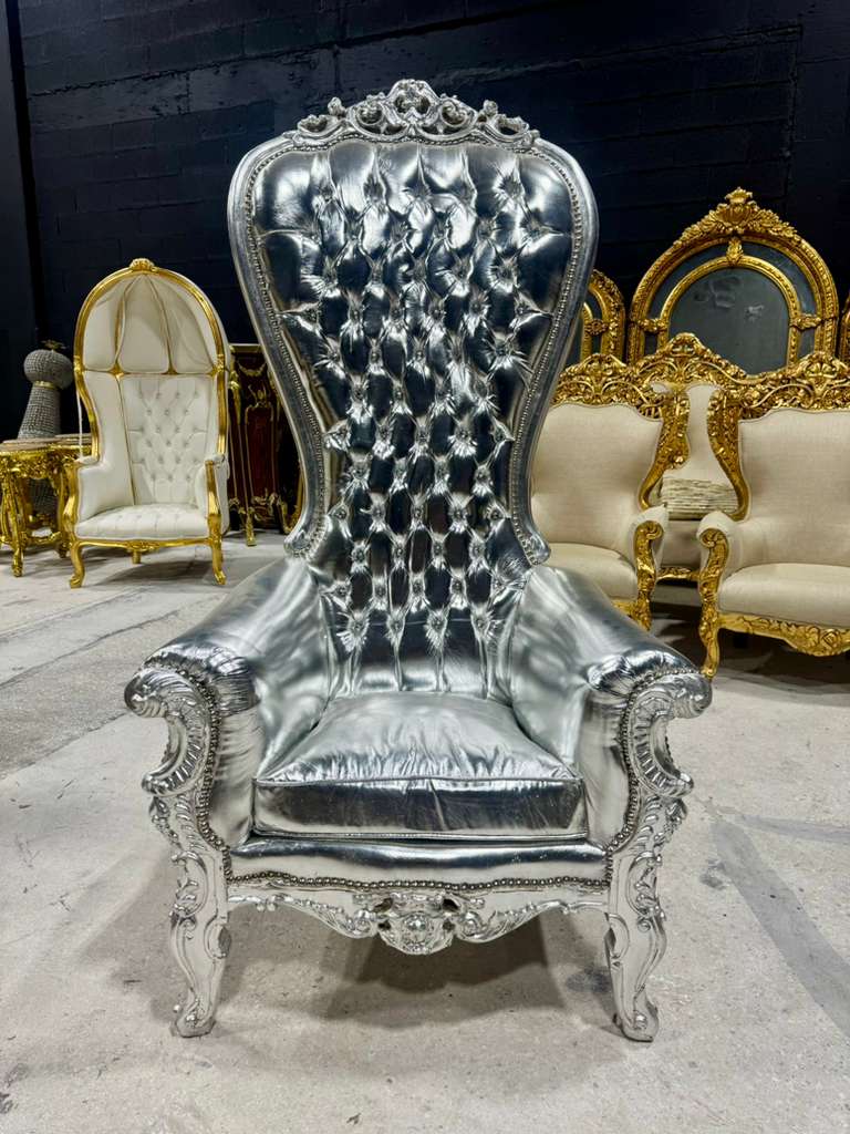 French Throne Chair – Silver Leather High-Back Tufted Chair with Ornate Silver