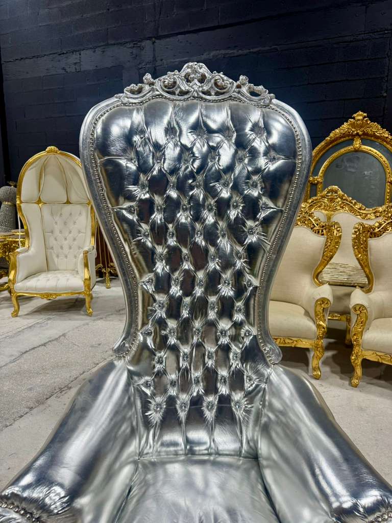 French Throne Chair – Silver Leather High-Back Tufted Chair with Ornate Silver