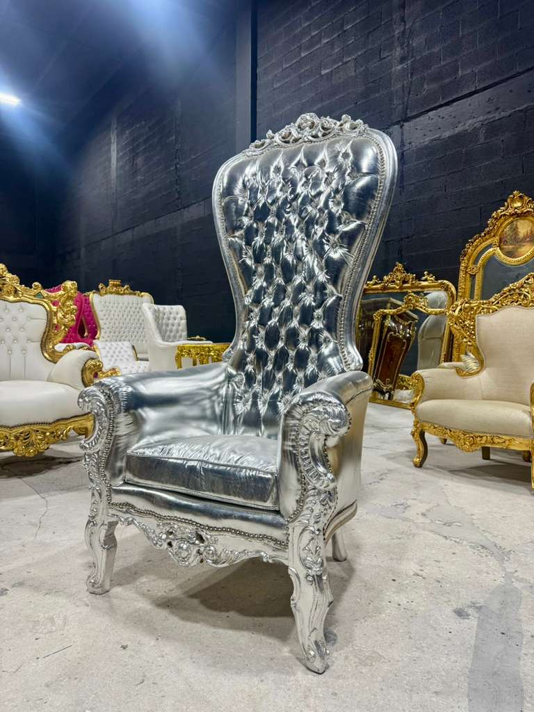 French Throne Chair – Silver Leather High-Back Tufted Chair with Ornate Silver