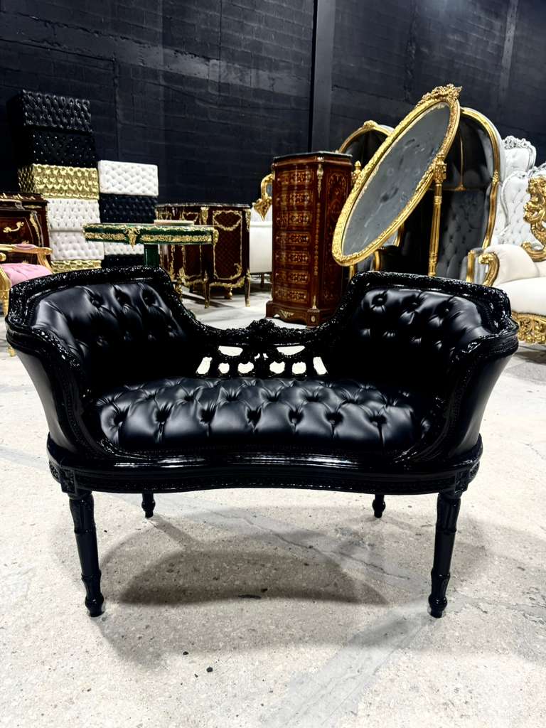 French Rococo Tufted Black Leather Bench – Luxury Baroque Accent Seating with Ornate Black Frame
