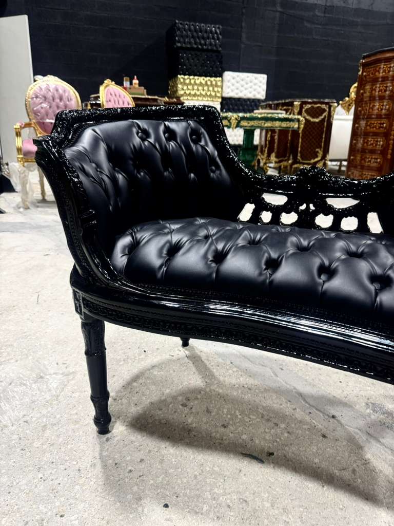 French Rococo Tufted Black Leather Bench – Luxury Baroque Accent Seating with Ornate Black Frame