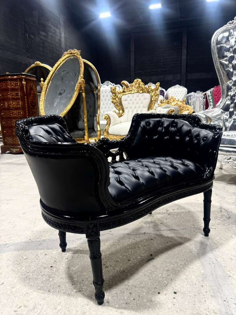 French Rococo Tufted Black Leather Bench – Luxury Baroque Accent Seating with Ornate Black Frame