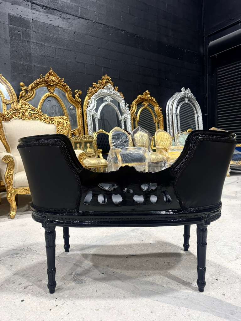 French Rococo Tufted Black Leather Bench – Luxury Baroque Accent Seating with Ornate Black Frame