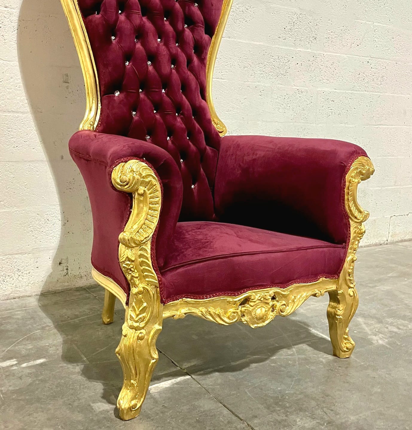 Throne Chair French Style Burgundy Velvet High-Back Tufted Gold Throne