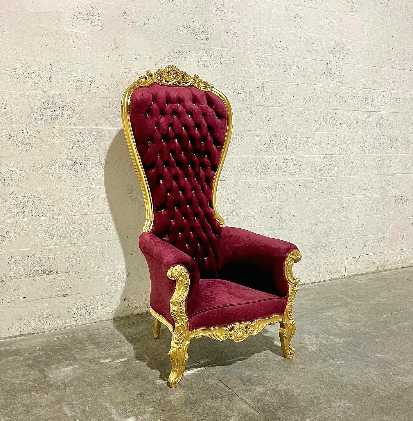 Throne Chair French Style Burgundy Velvet High-Back Tufted Gold Throne