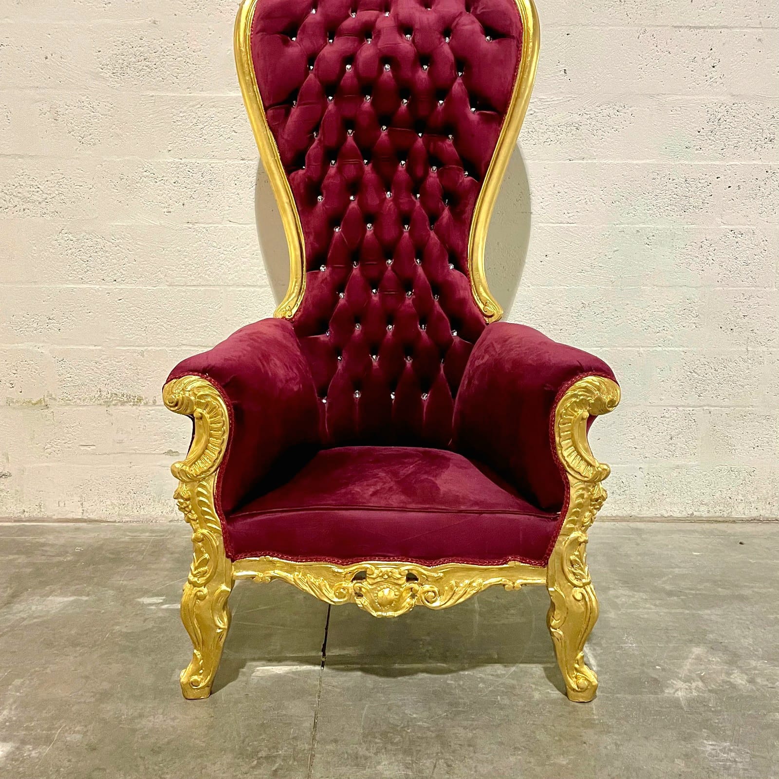 Throne Chair French Style Burgundy Velvet High-Back Tufted Gold Throne