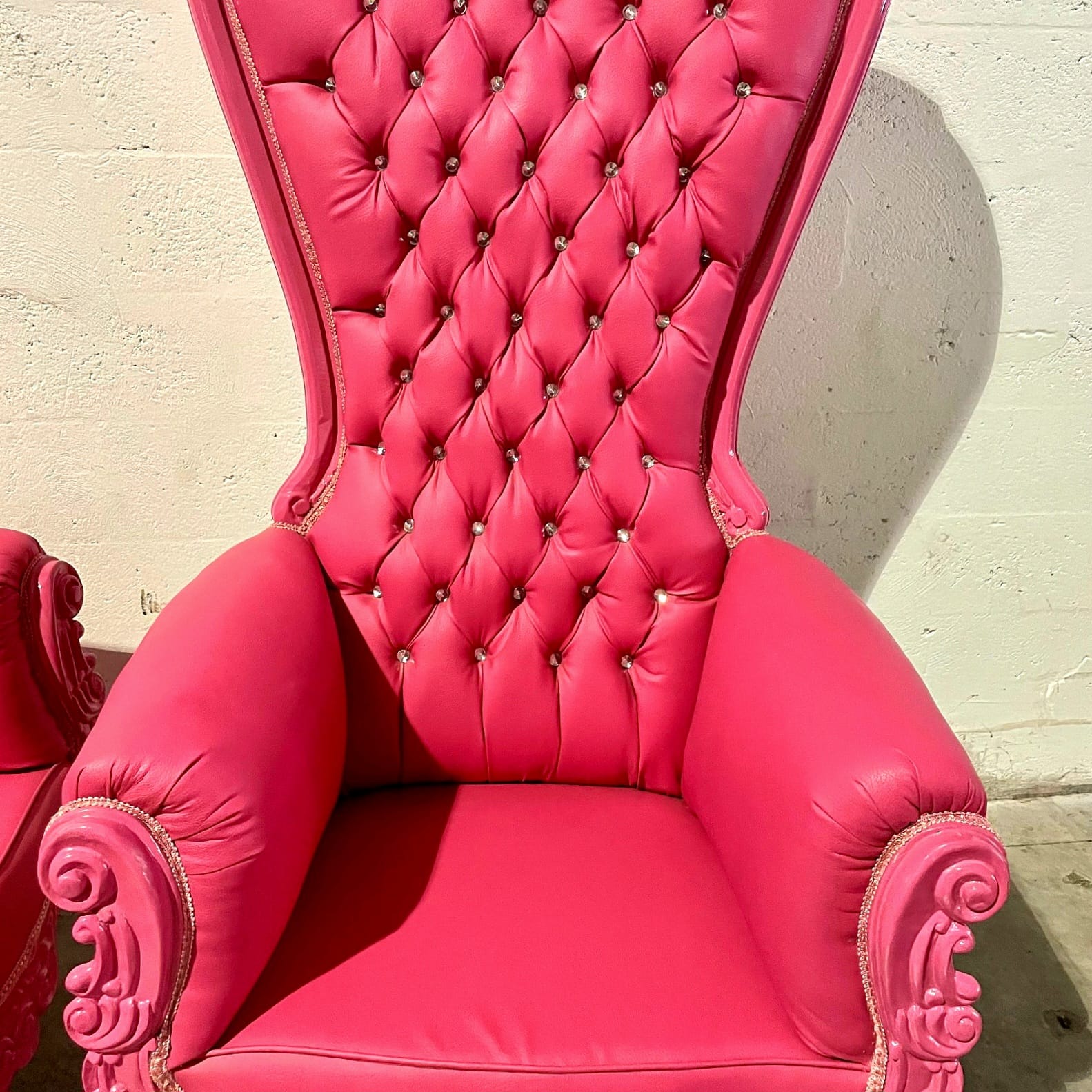 Throne Chair French Style Pink Leather High-Back Tufted Pink Frame Throne