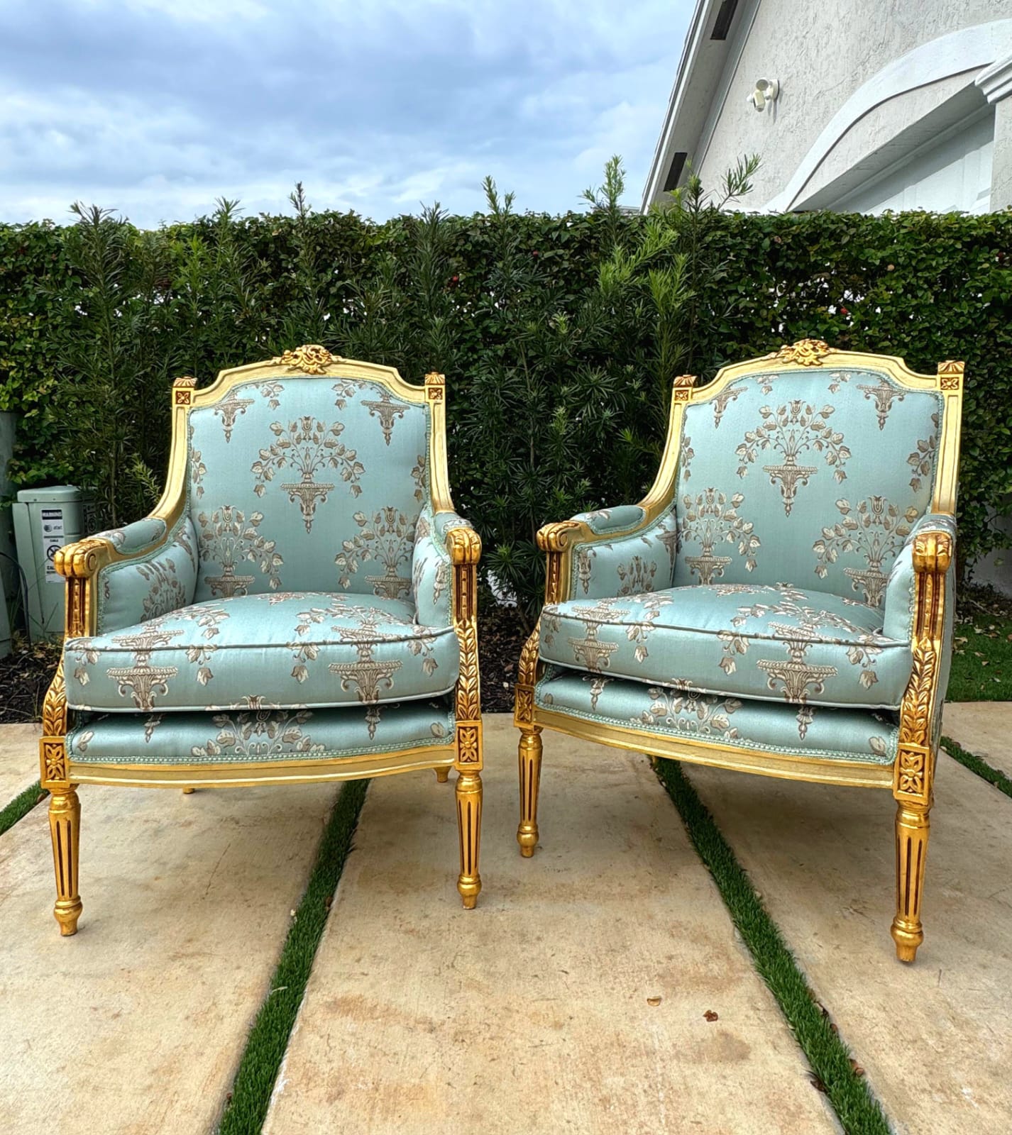 French Louis XV Style Blue-Green Bergere Wing Chair with Gold Leaf Details
