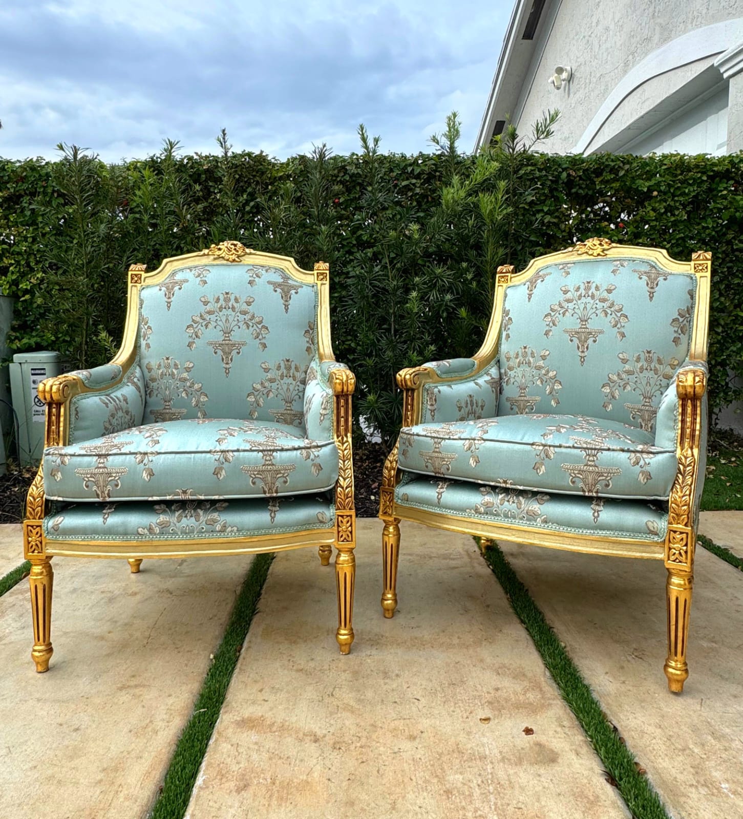 French Louis XV Style Blue-Green Bergere Wing Chair with Gold Leaf Details