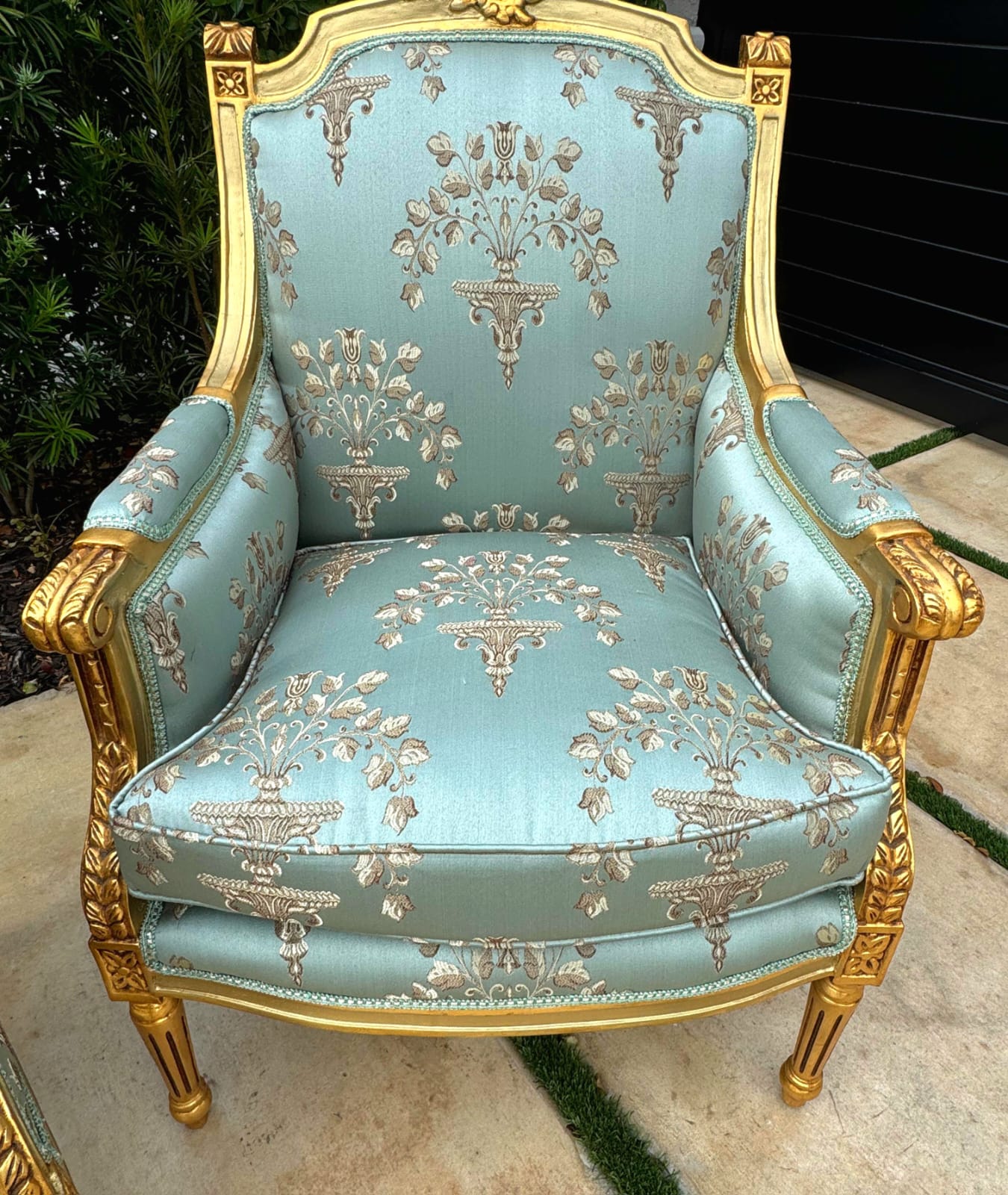 French Louis XV Style Blue-Green Bergere Wing Chair with Gold Leaf Details