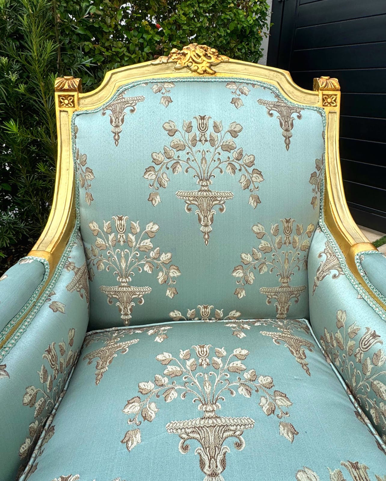 French Louis XV Style Blue-Green Bergere Wing Chair with Gold Leaf Details