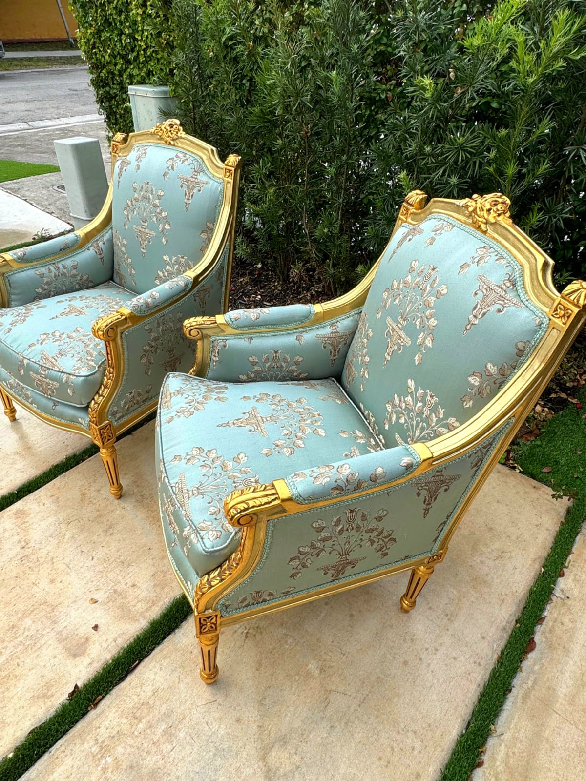 French Louis XV Style Blue-Green Bergere Wing Chair with Gold Leaf Details
