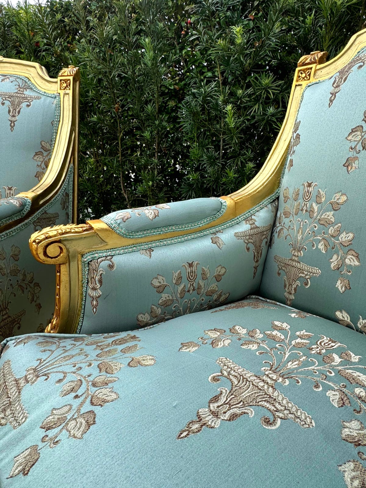 French Louis XV Style Blue-Green Bergere Wing Chair with Gold Leaf Details
