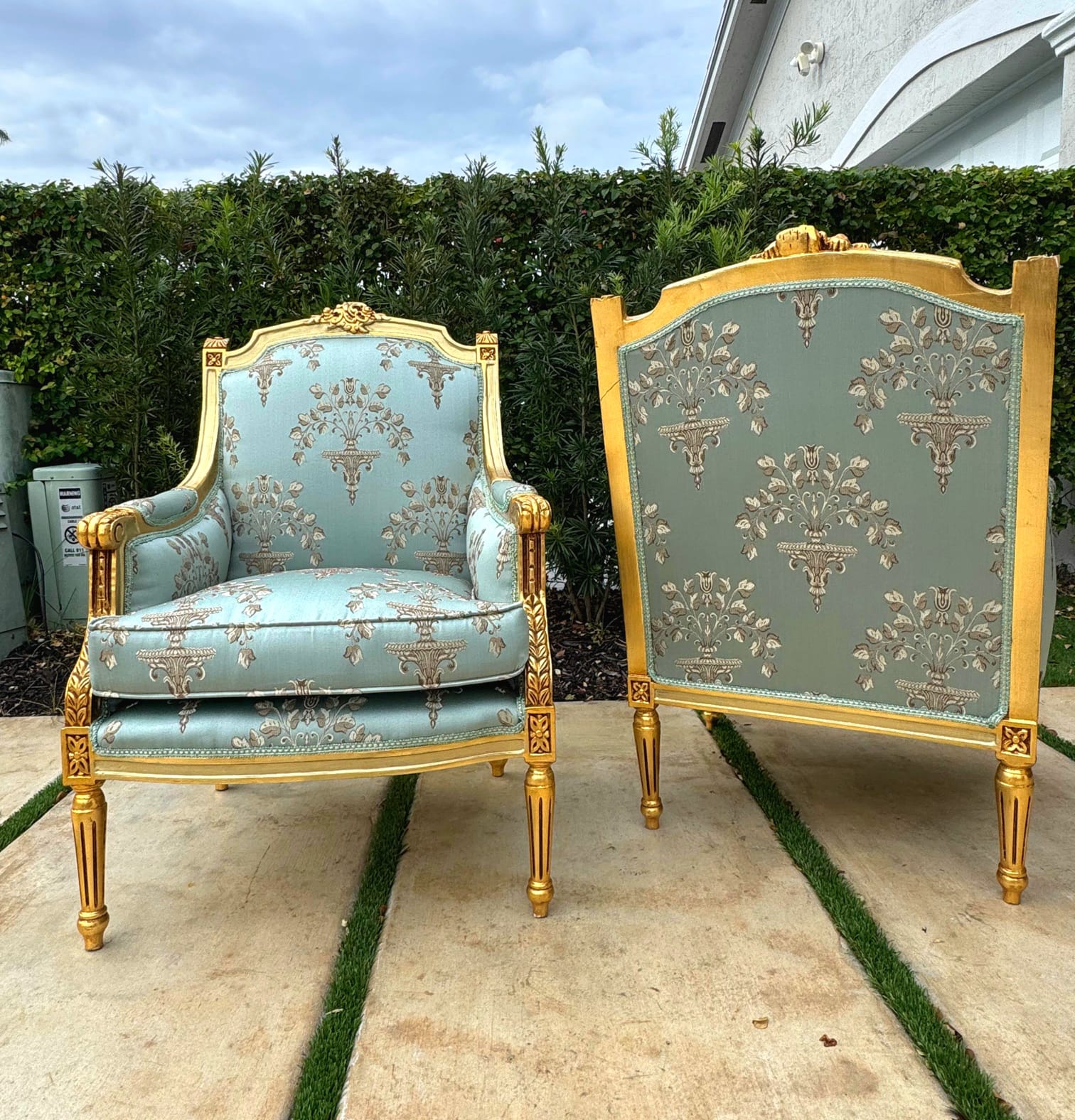 French Louis XV Style Blue-Green Bergere Wing Chair with Gold Leaf Details