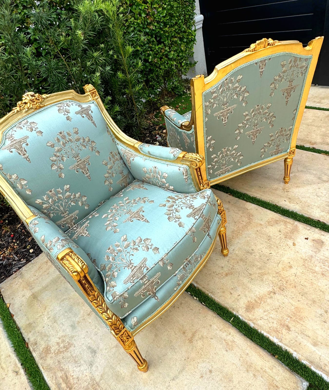 French Louis XV Style Blue-Green Bergere Wing Chair with Gold Leaf Details