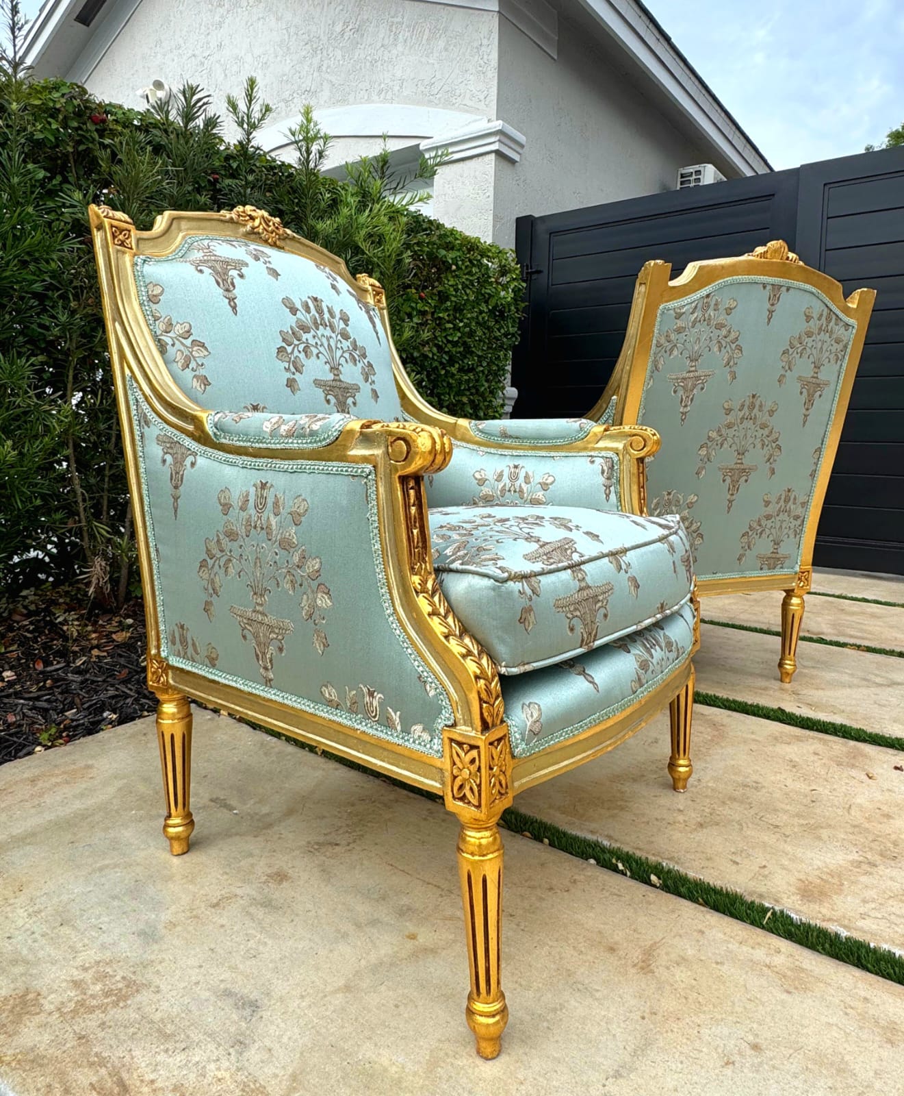 French Louis XV Style Blue-Green Bergere Wing Chair with Gold Leaf Details