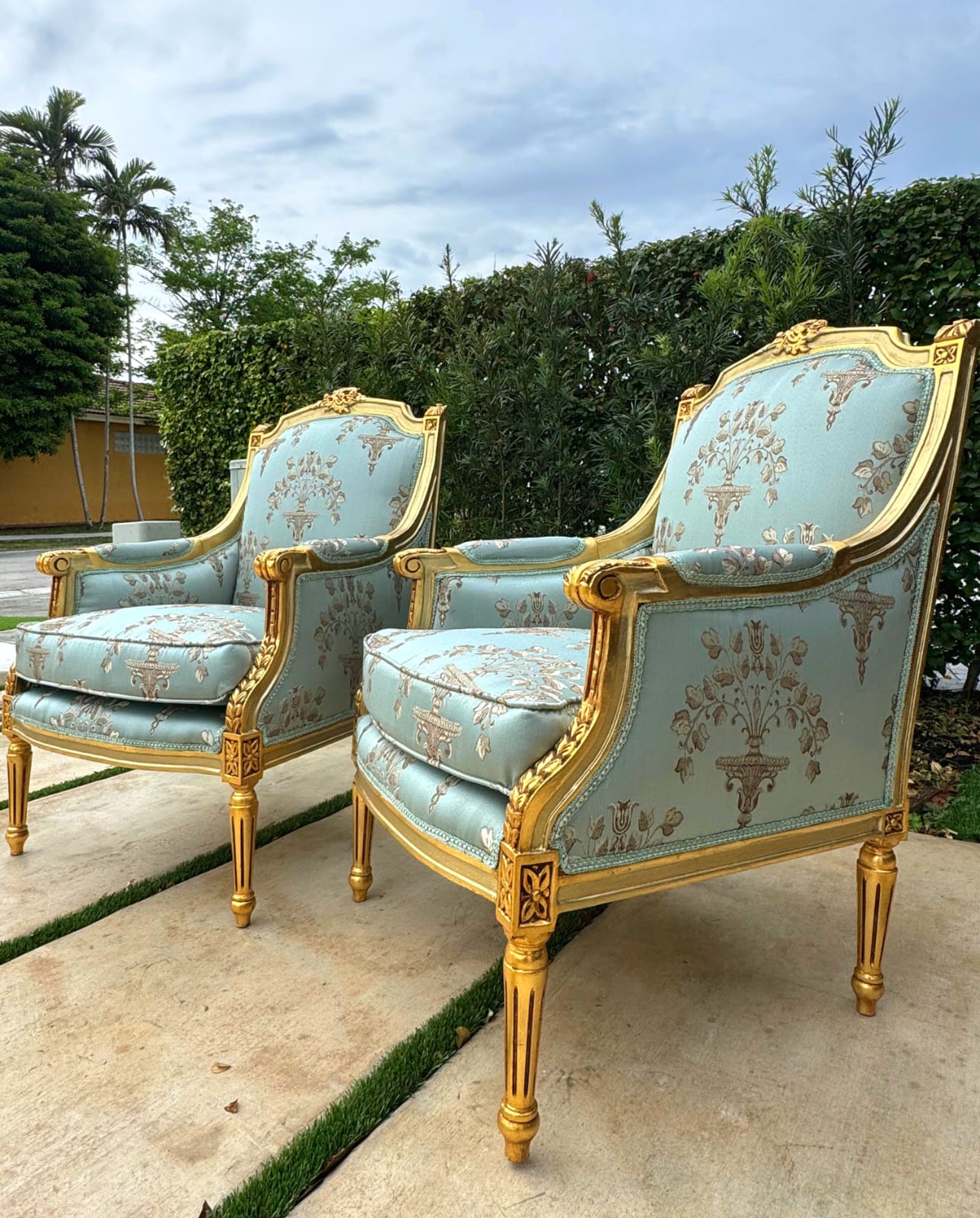 French Louis XV Style Blue-Green Bergere Wing Chair with Gold Leaf Details
